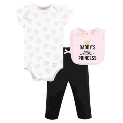 Hudson Baby Infant Girl Cotton Bodysuit, Pant and Bib Set, Daddys Little Princess, 6-9 Months