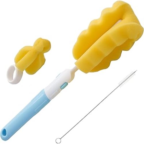 MoomooBaby Triple Baby Bottle Cleaner Brush Set - Includes Baby Bottle Brush Cleaner, Nipple Brush & Straw Cleaning Brush - Eco-Conscious Plastic Handle with Non-Slip Grip, Replaceable Sponges - Blue