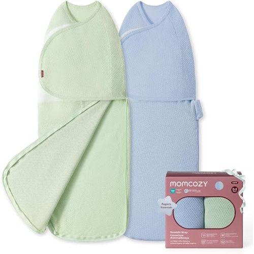 Momcozy Airflow Baby Swaddle, 100% Cotton Lightweight & Ultra Breathable, Ideal for Hot Sleeper Baby, Reduce Startle Reflex, Newborn Boys Girls Registry Essentials, 2-Pack, Sea Mist