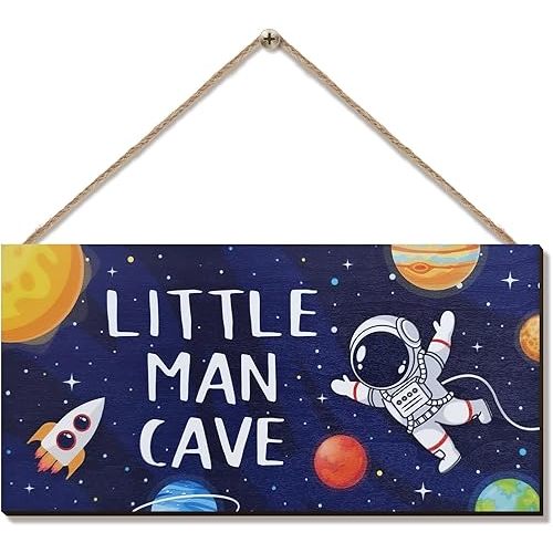ZIEYOMI- Little Man Cave Sign Space Boys Room Decor, Astronaut Theme Bedroom Nursery Decor Hanging Wall Art, Wooden Plaque Outer Space Decorations for Toddler Boys Room Kids Playroom