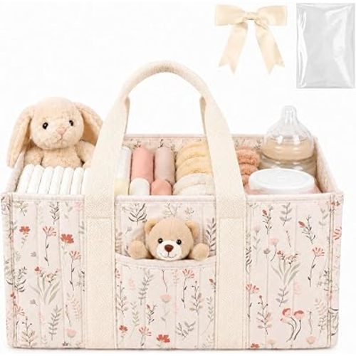 Floral Diaper Caddy Organizer with Gift Bag & Ribbon, Baby Shower Gift Basket, Portable Nursery Storage Bin with Removable Dividers & Handle, Baby Essentials Organizer for New Moms