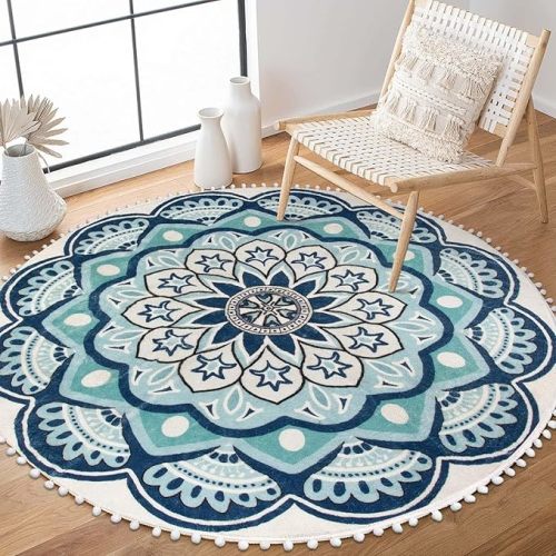 Uphome Round Rug 5.3ft Blue Circle Boho Rug with Pom Pom Fringe Machine Washable Non-Slip Sofa Floor Mat Soft Cute Blooming Mandala Carpet for Living Room Bedroom Kid's Room Nursery