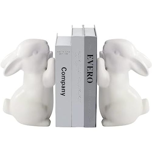 BestAlice 2 Pcs Rabbit Bookends, Bunny Book Ends for Shelves, Ceramic Animal Figurine Book Ends Stands Shelves Organizer, Heavy Duty Bookends to Hold Books, White Rabbit Home Decor