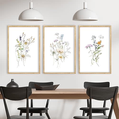 Colorful Floral Wildflower Wall Art Decor 16x11 Inch Rustic Bedroom Aesthetic Watercolor Botanical Flower Wood Frame Sign Modren Home Living Room Abstract Plant Wall Hanging Set of 3 (Wood)
