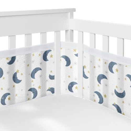 Sweet Jojo Designs + BreathableBaby Boy, Girl, Unisex/Gender Neutral Breathable Mesh Crib Liner Pad Moon Stars Bear Collection Blue Gold and White