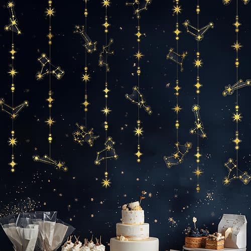 Cheerland Glitter Celestial Party Decorations Constellation Birthday Decoration Star Garlands Witchy Backdrop Astrology Decor Zodiac Theme Banner Hanging Stars Streamer Galaxy Party Suppplies (Gold)