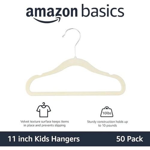 Amazon Basics Kids Velvet, Space Saving, Non-Slip Clothes Hangers for Infant and Toddler, Durable, 11.6 inches (for baby clothes), Pack of 50, Beige