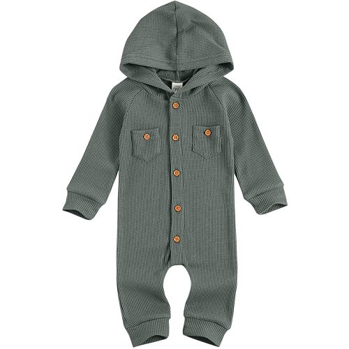 Ynibbim Winter Newborn Baby Boy Girl Solid Romper Unisex Infants Hooded Outfit Clothes Waffle Cotton Button Jumpsuits