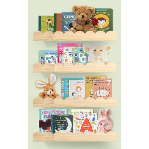 Floating Scalloped Shelves for Nursery - Nursery Bookshelf for Wall Set of 4, Floating Wall Book Shelves for Bedroom Kids, 16 Inch, Natural
