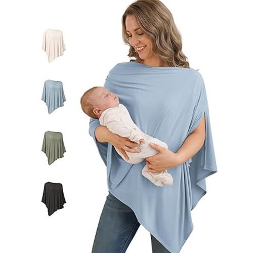 Konssy Rayon Made from Bamboo Nursing Cover for Breastfeeding, Buttery-Soft 360° Full Privacy Nursing Poncho, Breathable Stretchy Breastfeeding Cover, Multi-Use Car Seat Canopy (Blue)