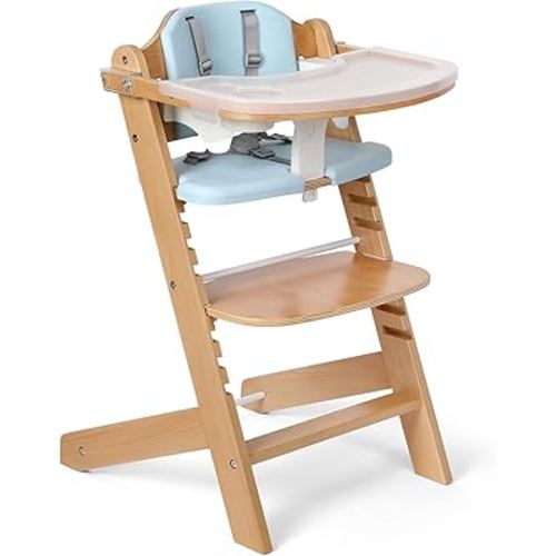 Cowiewie Natural Wooden High Chair for Babies & Toddlers 3-Tier Remove & Adjustable Tray, 8 Adjustable Highchair with Cushions, Portable (Blue)