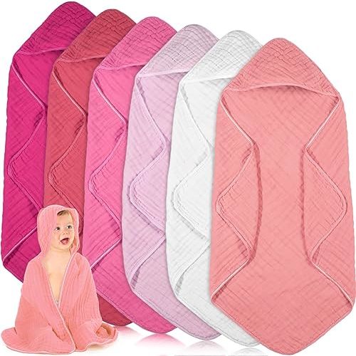 Peryiter 6 Pcs Muslin Hooded Baby Towels,32"x 32" Cotton Newborn Bath Towel Muslin Infant Baby Towels Absorbent Unisex Hooded Blankets,Newborn Registry Baby Gift for Girls Boys (Pink)