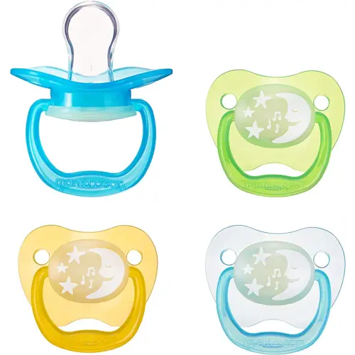 Amazon Brand - Mama Bear Glow-in-the-Dark Baby Pacifier, Stage 1 (0-6M), BPA Free, Assorted Colors (Pack of 4)