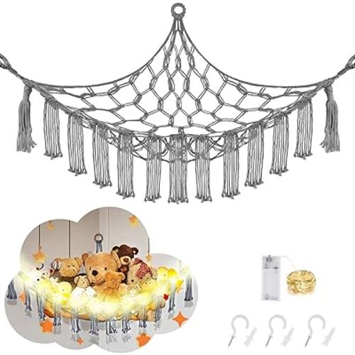 Stuffed Animal Hammock with LED Light, Toy Hammock for Stuffed Animals Storage for Kids Room Decor, Stuffed Animal Hammock Corner, Grey