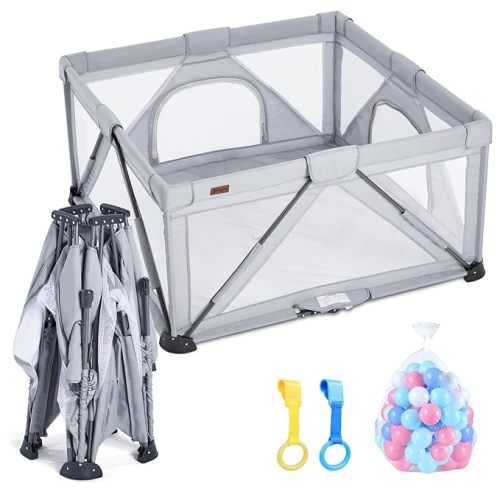 Baby Playpen Foldable, Playard for Babies and Toddlers, Portable Playpen Activity Center with 50 Balls+2 Handles for Travel, Indoor & Outdoor Play Pen with Mesh 50''x50''(Grey)