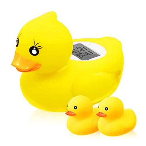 Baby Bath Thermometer Floating Toy, BabyElf Rubber Duck Thermometer for Infants, Water and Room Safty Thermometer for Bathtub Bath Pool, with Temperature Warning, 2 Extra Duck Toys