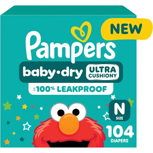 Pampers Diapers - Baby Dry - Size 0, 104 Count, Absorbent Disposable Newbort Diaper (Packaging May Vary)