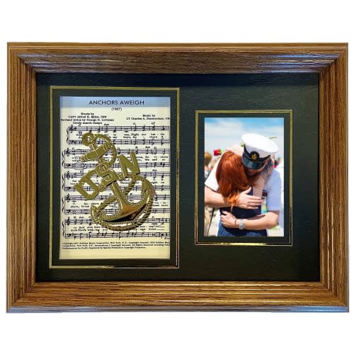 Northern Promotions LLC - US Military Custom Photo Frame 6" x 8" - Solid Oak Hardwood Moulding - US Navy Insignia - Anchors Aweigh Music Sheet - 2 x 3 Wallet Size Photo Medium Oak