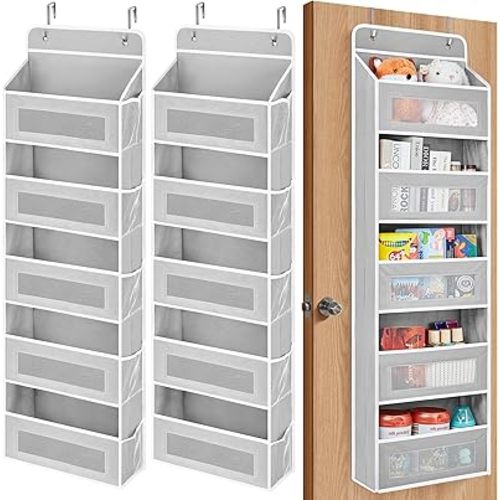 JARLINK 2 Pack Over The Door Organizer, 5 Shelf Door Hanging Organizer with 5 Large Pockets, 44 lbs Weight Capacity Hanging Storage for Bathroom, Bedroom, Nursery, RV, Pantry (Light Grey)