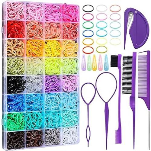 32 Colors Small Hair Rubber Bands with 16 Hair Styling Tools, 2000 Pcs Elastic Girl Baby Hair Ties Mini Hair Bands with Hair Elastic Cutter Hair Accessories Xmas Stuff for Girls Baby Toddlers Kids