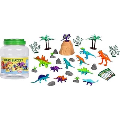 Wow in The World Bucket of Dinosaurs | Kids Play Dinosaurs | Learning Through Play | Includes 25+ Pieces: 11 Dinos, Trees, Rocks, Plants, Volcano, and 3 Wow Dinosaur Fun Fact Cards