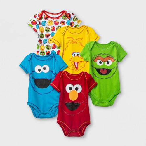 Baby 5pk Sesame Street Elmo/cookiemonster/oscar The Grouch/big Bird Bodysuit - Red/yellow/blue 0-3m