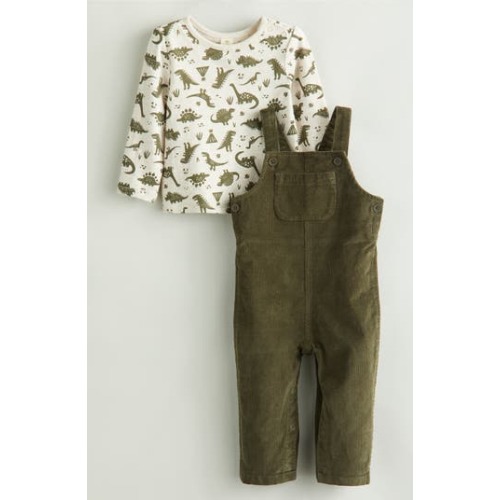 Print Long Sleeve Cotton T-Shirt & Corduroy Overalls Set