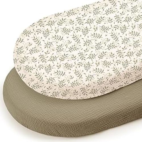 lulumoon Baby Muslin Bassinet Sheets: Skin-Friendly Leaf Bassinet Sheets for Boys - Fitted for Oval Rectangle or Hourglass Mattress