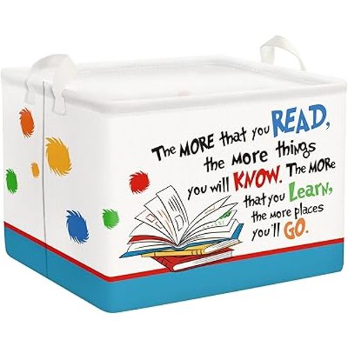 Clastyle Collapsible Back to School Reading Book Storage Basket Dr Quotes Book Organizer for Nursery Room Classroom Library Rectangle Kindergarten Daycare Clothes Toys Storage Bin