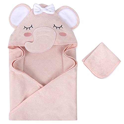 Baby Animal Hooded Towel and Washcloth Set for Newborns, Infants, Toddlers Boys and Girls 3-24 Months (Delicate Pink Elephant)
