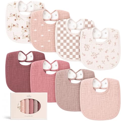 Konssy 8-Pack Muslin Baby Bibs, Adjustable Fit for Drooling and Teething | Soft Absorbent, Drool Bibs for Baby Boys Girls, Cotton Front with Fleece Backing, Newborn to Toddler 0-36M