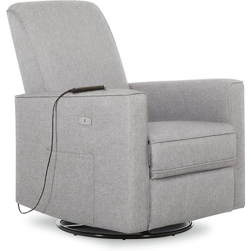 Evolur Harlow Deluxe Upholstered Plush Seating Glide Rocker, Swivel, Power Recliner USB Port with in-Built Massager, Greenguard Gold Certified, Glider Chair for Nursery in Light Grey