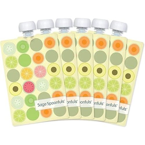 Sage Spoonfuls Reusable Baby Food Pouches - 6 Pack, Baby Food Storage, Pouches Toddler, Refillable Squeeze Pouch for Kids (Fruit Dot), Dishwasher and Freezer Safe, BPA Free