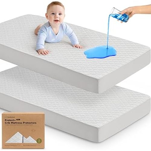 Waterproof Crib Mattress Protector Cover Fitted - 2-Pack Quiet Baby Mattress Topper Crib Sheets, 52" x 28" Soft Quilted Cotton Baby Sheet, Easy Fit, Durable Toddler Liner (Pearl Gray)