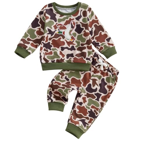 Pybcvrrd Toddler Baby Boy Hunting Outfit Mallard Duck Pocket Long Sleeve Tops Duck Print Pants Set 2Pcs Fall Winter Clothes