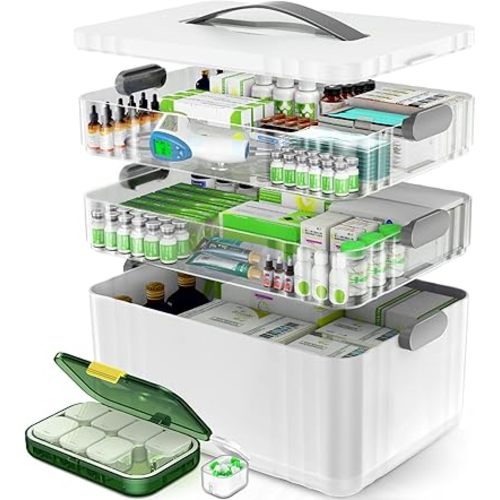 3-Tier Medicine Organizer - Portable Medicine Cabinet with Plastic Handle, Multipurpose Medical Box with Pill Box, Empty First Aid Kit for Home