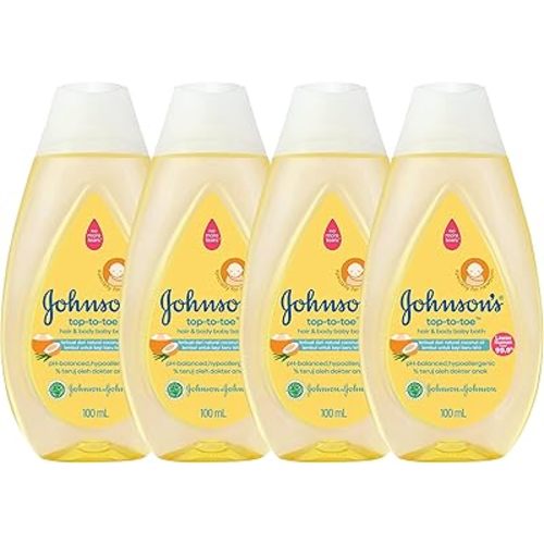 Johnson's Top-to-Toe Baby Wash and Shampoo, 4 Pack 3.38 oz. Travel Size Bottles, Natural Coconut Oil Gentle Hair and Body Baby Bath with Tear-Free Formula, Free of Parabens, Sulfates and Dyes