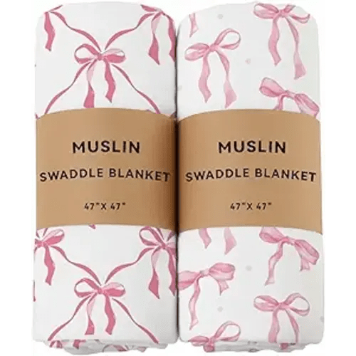 2 Pack Pink Bow Muslin Swaddle Blankets 70% Bambo 30% Cotton Breathable Receiving Blankets Newborn Essentials for Baby Girl Soft and Large 47 x 47 Inches (Bow)