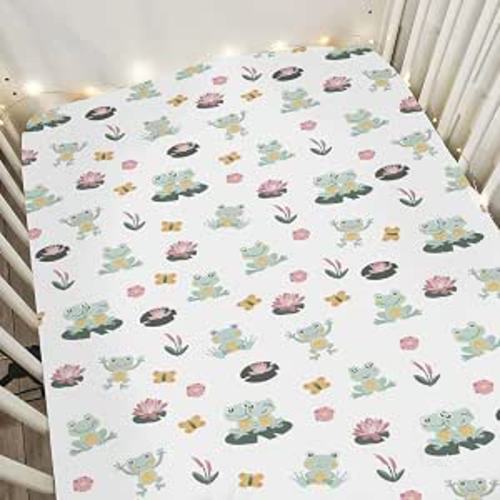 Cute Frogs Family Baby Crib Sheets for Boy Girl 52x28 Green Frogs Butterflies Lilies Pond Soft Snug Fitted Crib Mattress Covers Wildlife Nature Baby Sheet for Standard Crib and Toddler Bed Mattress