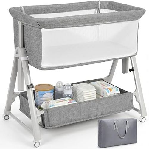 Cowiewie Baby Bassinet Bedside Crib,3-in-1 Baby Bassinet with Comfy Mattress & Wheel,Easy Folding Portable Bedside Bassinet for Baby with Storage,Travel Bag,Breathable Mesh,Stable & Secure,Light Grey