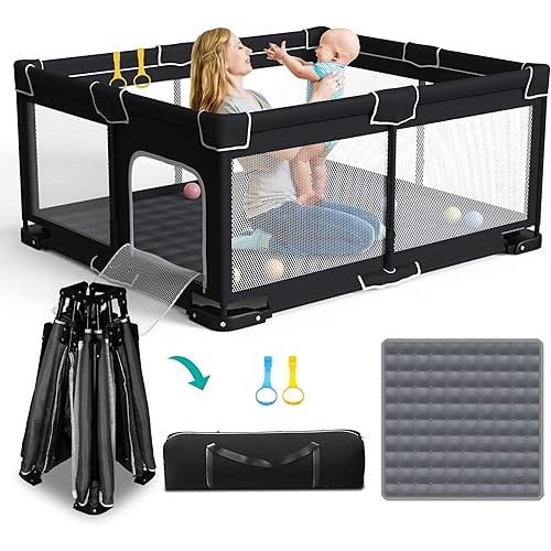 Foldable Playpen for Babies and Toddlers, 71x59 Inches Portable Playpen, Kids Collapsible Play Pen with 2 Handlers, Indoor & Outdoor Baby Play Area with Visible Mesh (Black)