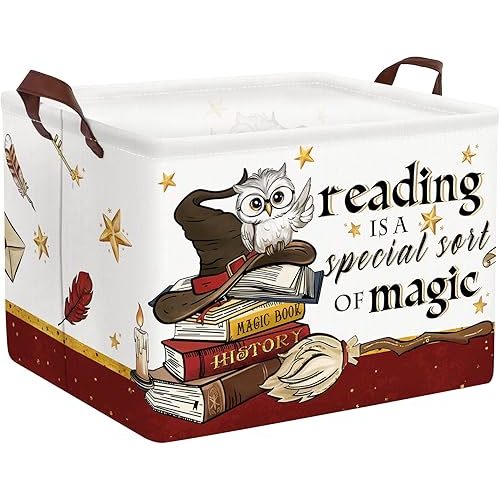 Clastyle Magic Nursery Decor Baby Gift Basket Kid Large Feather Hat Book Shelf Basket Broomstick Collapsible Rectangle Clothes Toy Bin,Wand Owl,40 * 30 * 30 cm