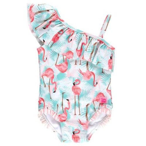 RuffleButts Girls One Shoulder Ruffle One Piece - Vibrant Flamingo, Size: 6-12 Months