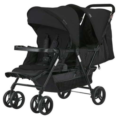 KFFKFF Dual Stroller, Foldable Double Stroller, Lightweight Twin Stroller with Front Back Seats, 5-Point Harness and Ample Storage Basket for Infants & Toddlers, Black