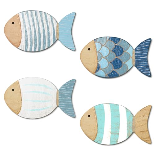 Putuo Decor 4 Pcs Wood Fish Wall Art, Nautical Beach Decor, Wooden Fish Hanging Sculptures, Blue (5.5 In)