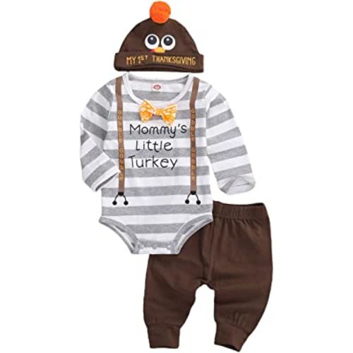 My First Thanksgiving Baby Boy Girl Long Sleeve Turkey Romper Bodysuit + Brown Pants + Hat 3Pcs Fall Outfit Set