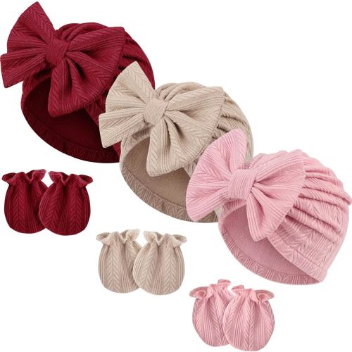 BQUBO Newborn Baby Hospital Hats Beanie Bow Infant Caps Baby Cotton No Scratch Mittens Set for 0-12 Months