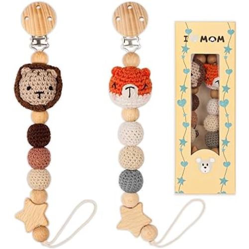 Pacifier Clip, 2 Pack Pacifier Clips for Boys and Girls, Cute Fox&Lion Handmade Knitted Pacifier Holder Fits for Most Pacifier, Baby Teethers, Baby Shower and Baby Gift