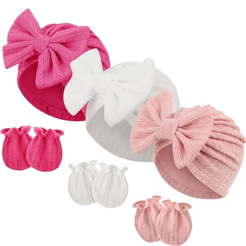 BQUBO Newborn Baby Hospital Hats Beanie Bow Infant Caps Baby Cotton No Scratch Mittens Set for 0-6 Months