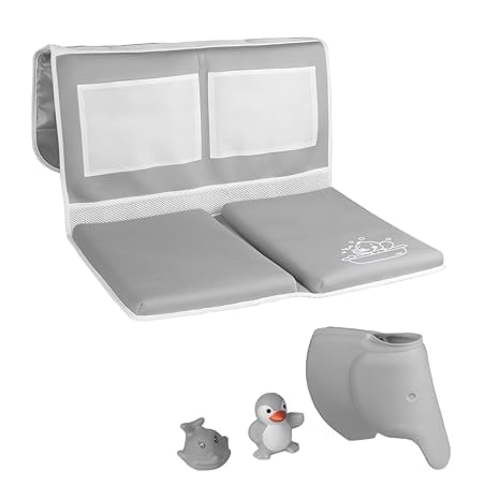 DUNCHATY Collapsible Bathtub Kneeler Pad & Baby Bath Faucet Cover Set - Non-Slip Knee With Toy Oragnizer & Elbow Saver with Silicone Spout Protector for Baby Bath Safety, with 2 Small Toys, Gray